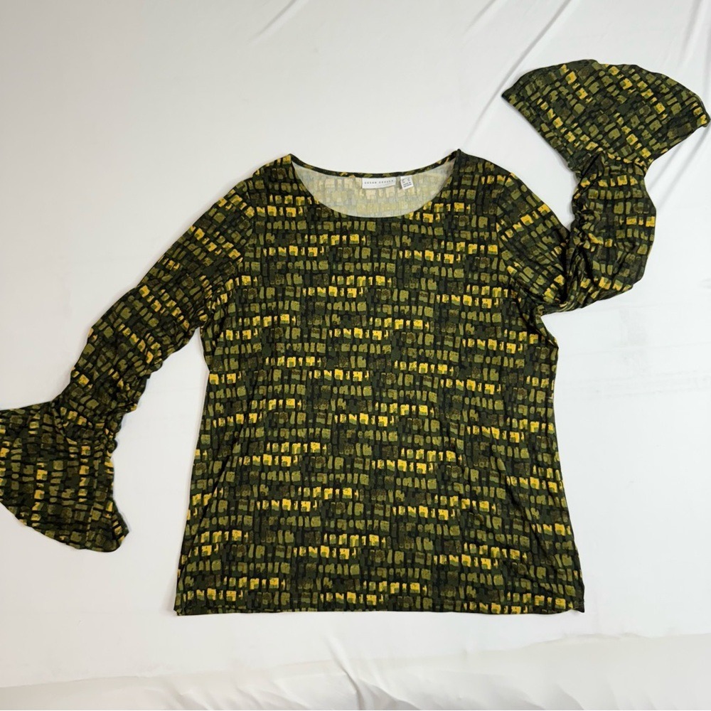 Susan Graver Liquid Knit Bell Sleeve Top Olive Yellow Abstract Print Size L